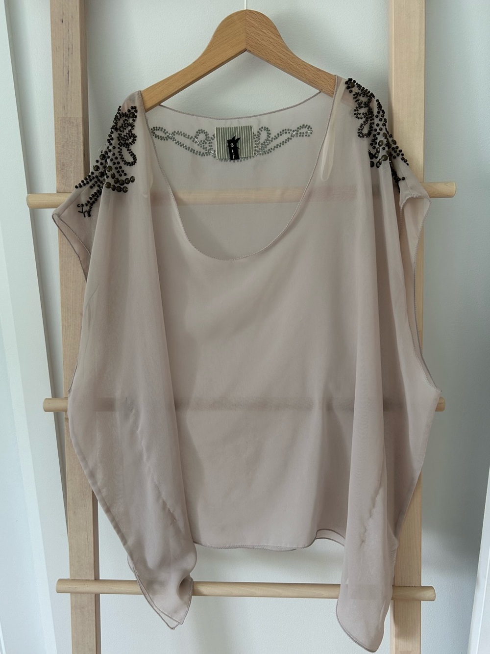 One Teaspoon Taupe Sheer Beaded Shoulder Blouse
